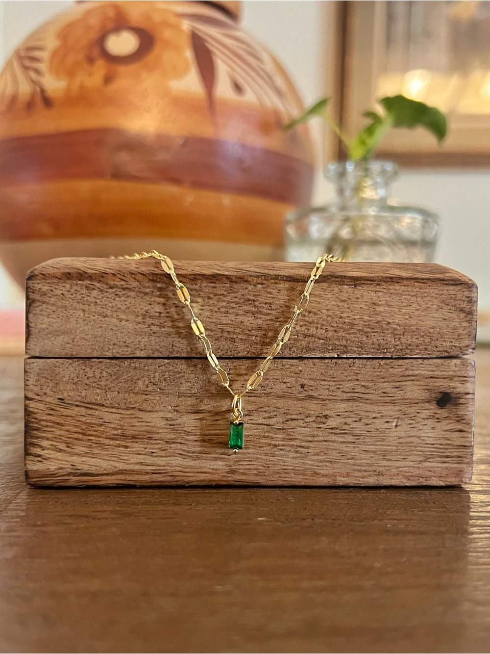 Gold Chain Necklace with Green Emerald Pendant - Women Jewelry
